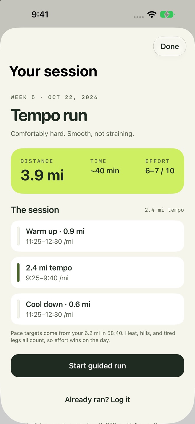 A tempo session broken into warm up, tempo, and cool down, each with a pace target