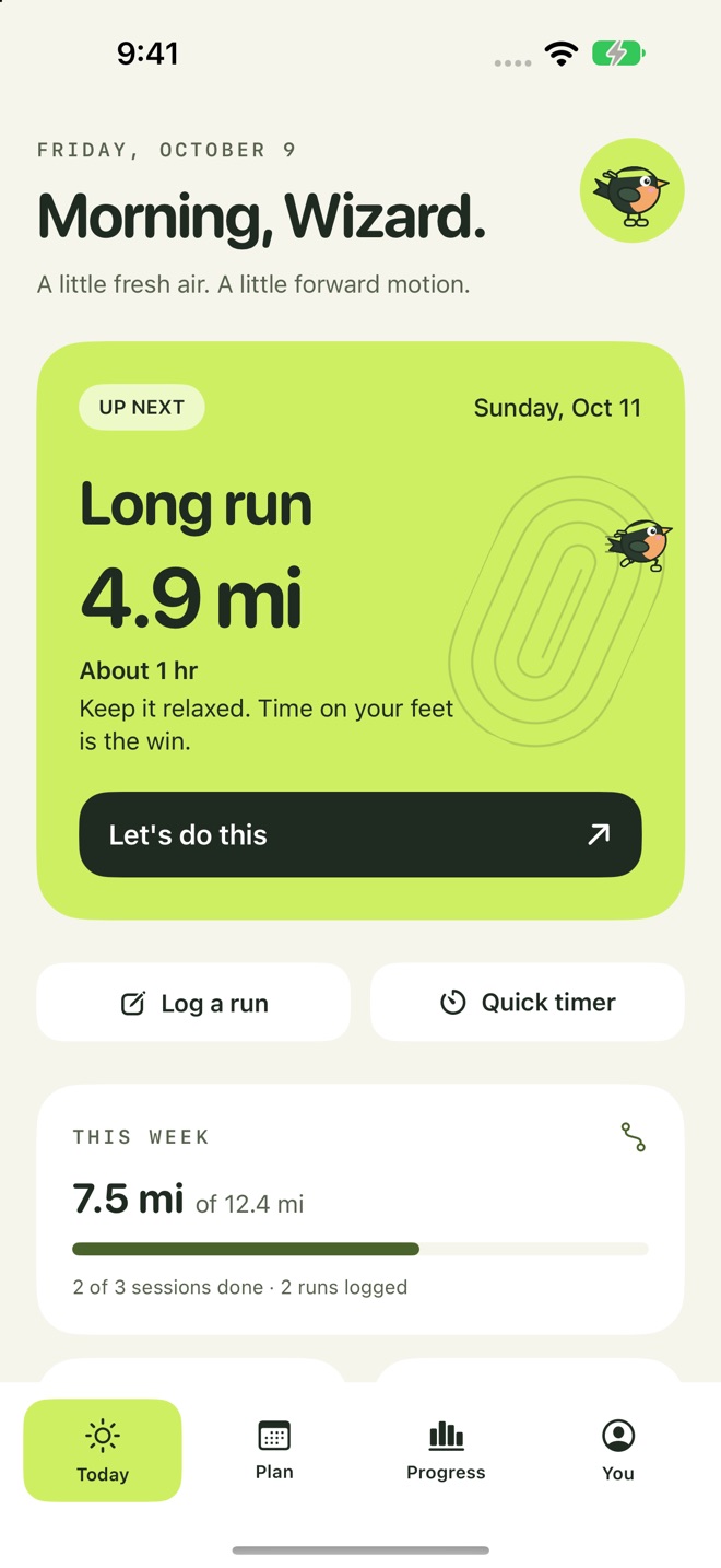 The Today screen: the next run with its distance and time, and this week's distance against the plan
